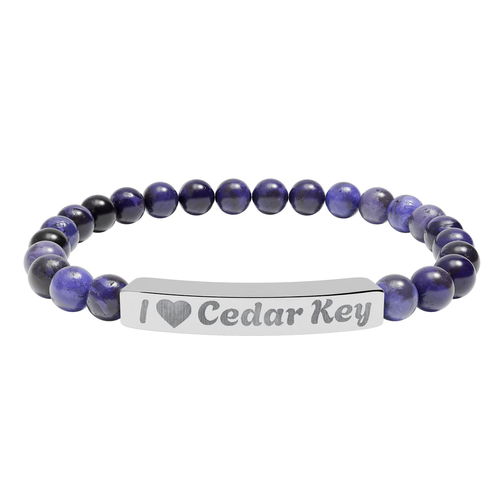 Engraved Natural Stone Stretch Bracelet — "I  Love Cedar Key" Bar