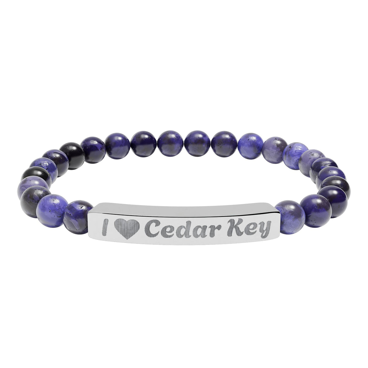 Engraved Natural Stone Stretch Bracelet — "I  Love Cedar Key" Bar