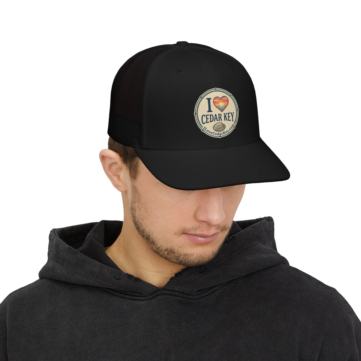 I  Love Cedar Key Snapback Trucker Hat — Retro Sunset Beach Cap