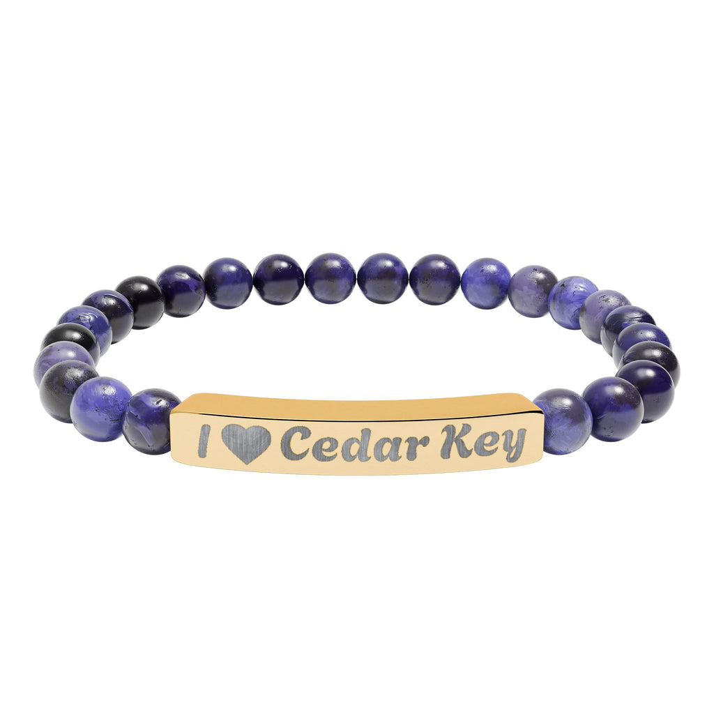Engraved Natural Stone Stretch Bracelet — "I  Love Cedar Key" Bar