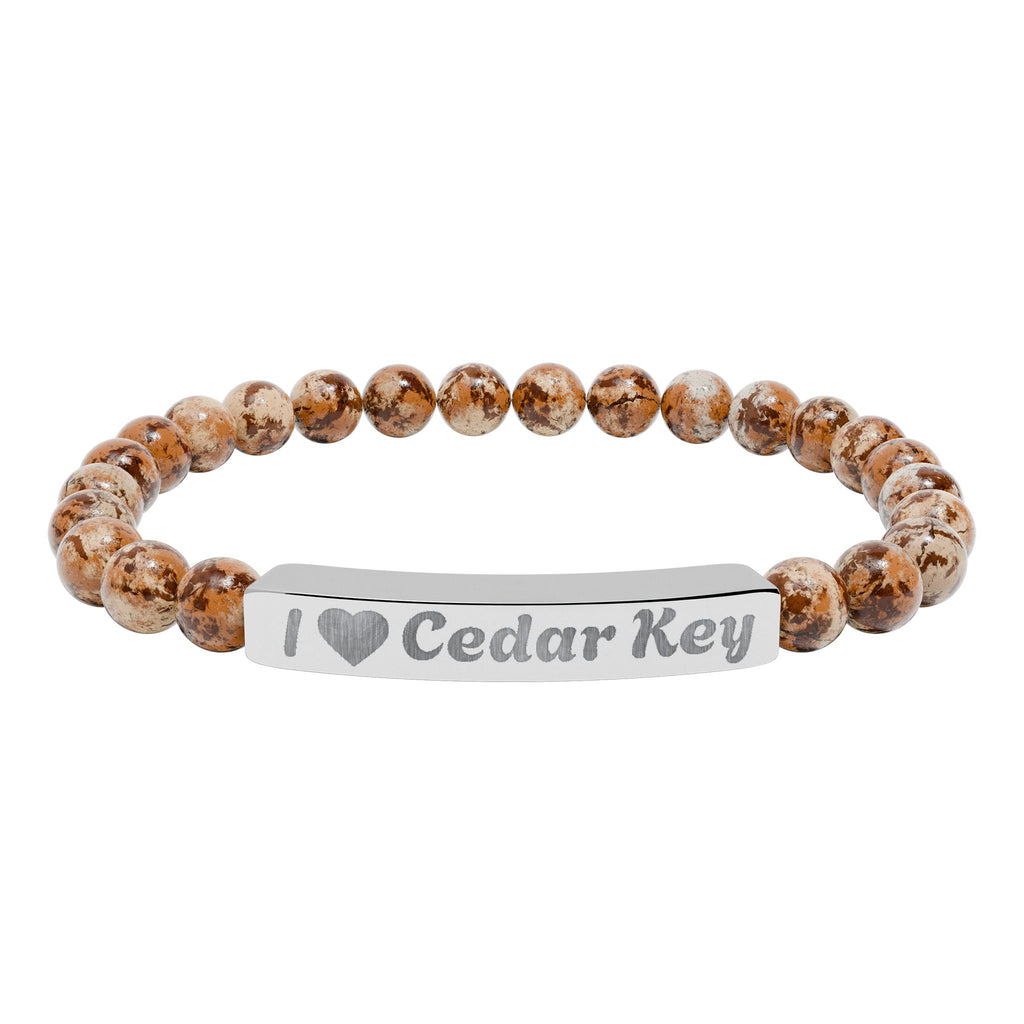 Engraved Natural Stone Stretch Bracelet — "I  Love Cedar Key" Bar