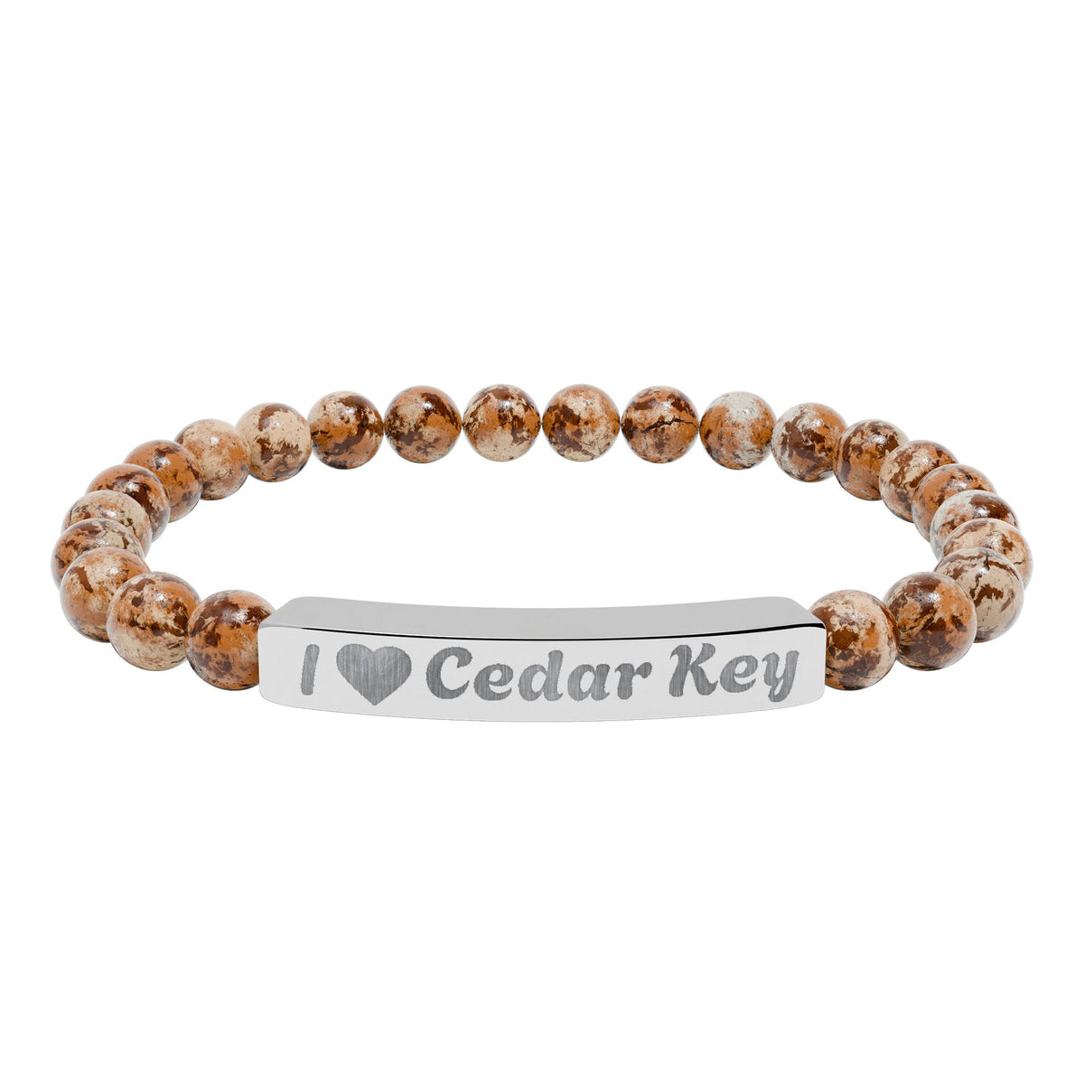 Engraved Natural Stone Stretch Bracelet — "I  Love Cedar Key" Bar