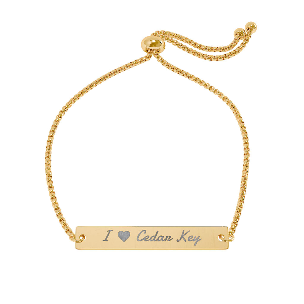 I Love Cedar Key Gold Bar Bracelet — Adjustable Personalized "I ❤️  Cedar Key"