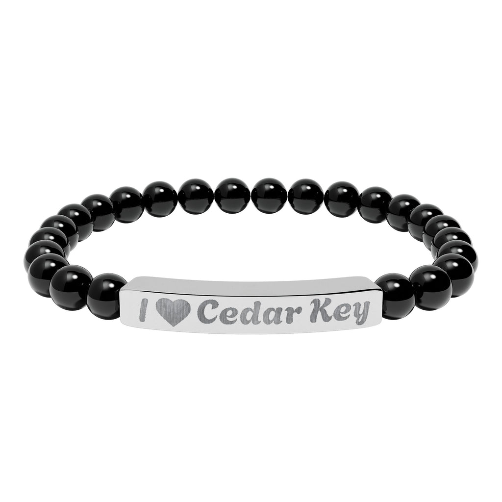 Engraved Natural Stone Stretch Bracelet — "I  Love Cedar Key" Bar