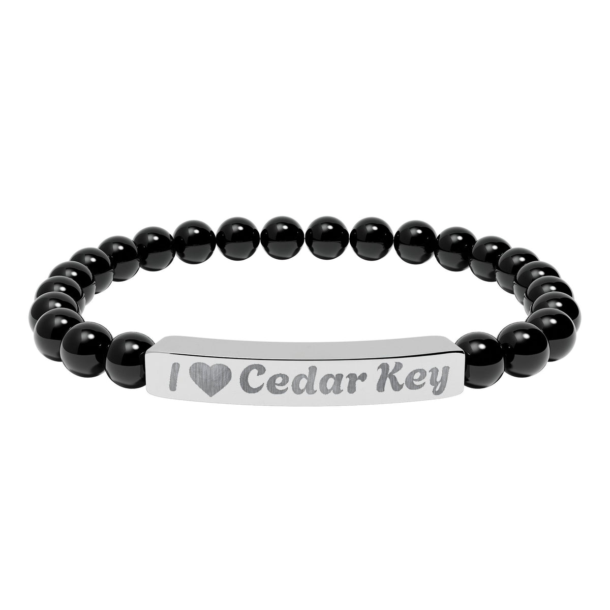 Engraved Natural Stone Stretch Bracelet — "I  Love Cedar Key" Bar