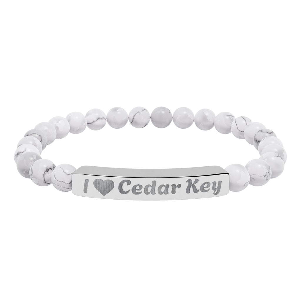 Engraved Natural Stone Stretch Bracelet — "I  Love Cedar Key" Bar