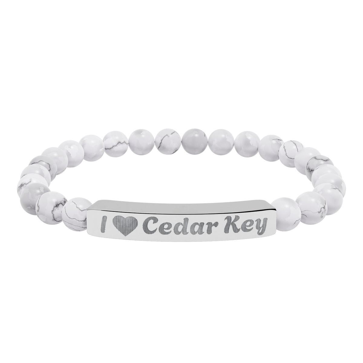 Engraved Natural Stone Stretch Bracelet — "I  Love Cedar Key" Bar