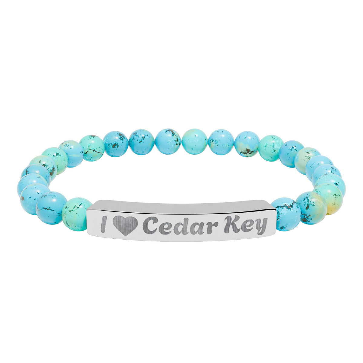 Engraved Natural Stone Stretch Bracelet — "I  Love Cedar Key" Bar