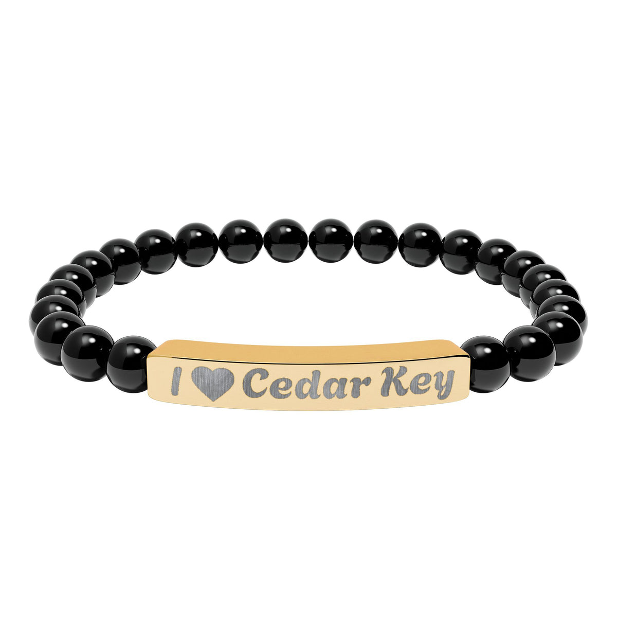 Engraved Natural Stone Stretch Bracelet — "I  Love Cedar Key" Bar