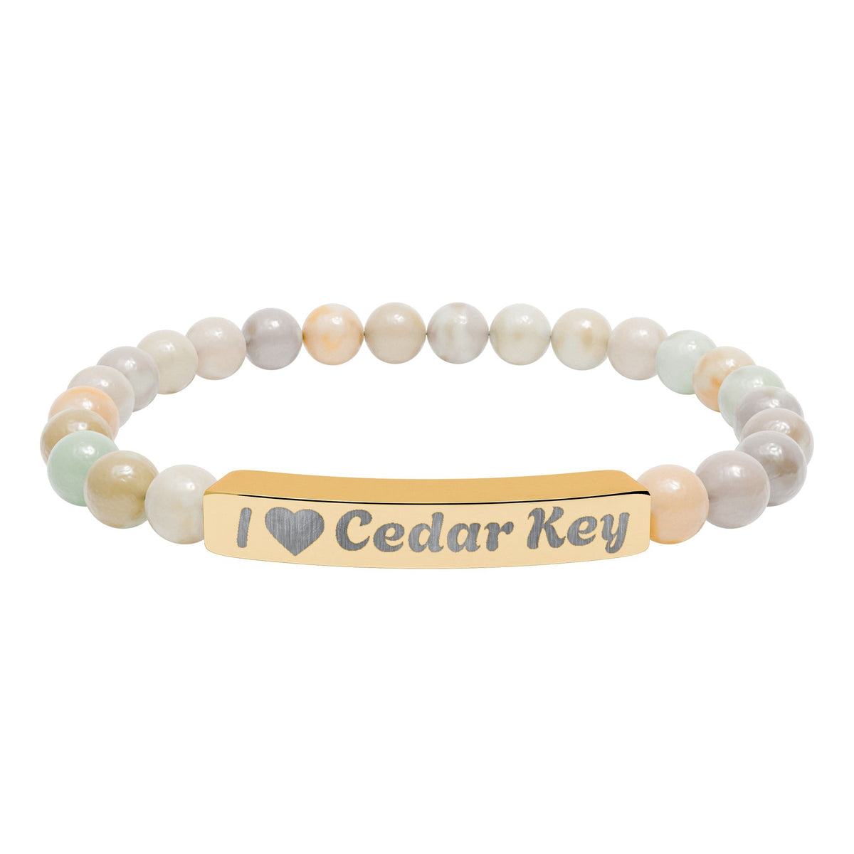 Engraved Natural Stone Stretch Bracelet — "I  Love Cedar Key" Bar
