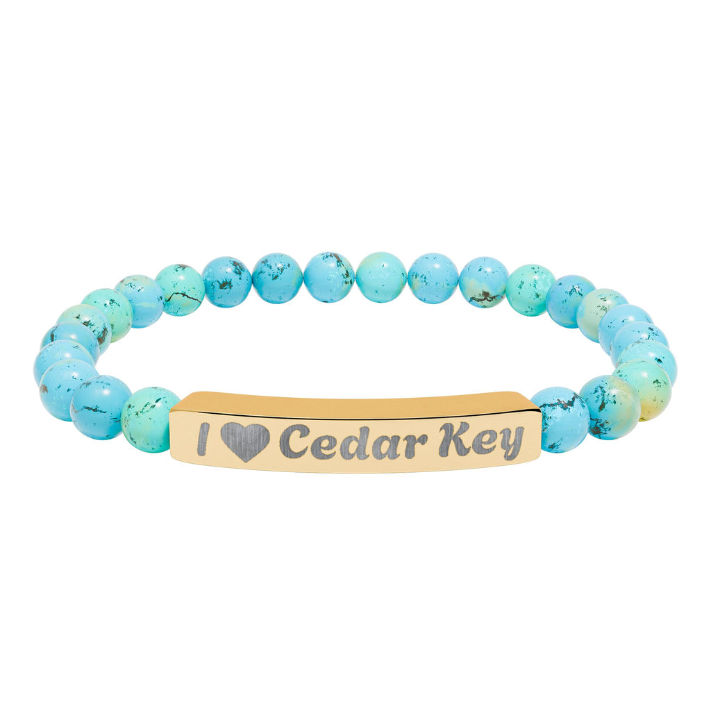 Engraved Natural Stone Stretch Bracelet — "I  Love Cedar Key" Bar