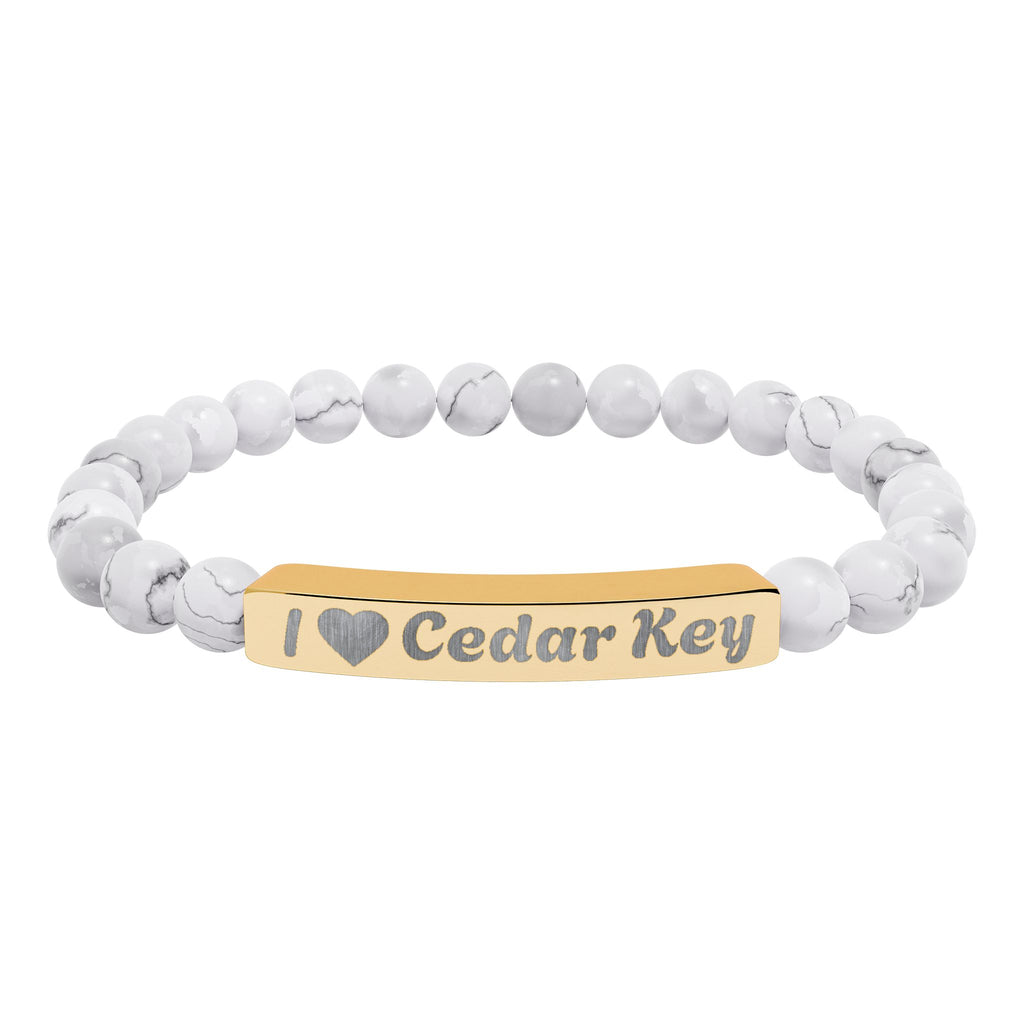 Engraved Natural Stone Stretch Bracelet — "I  Love Cedar Key" Bar