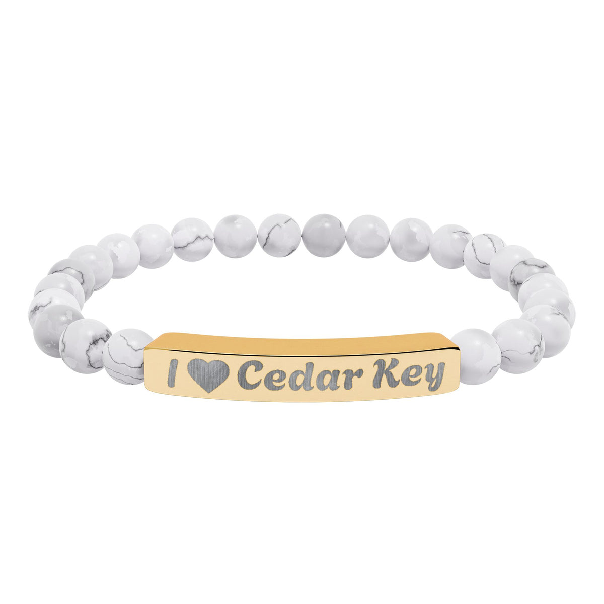 Engraved Natural Stone Stretch Bracelet — "I  Love Cedar Key" Bar