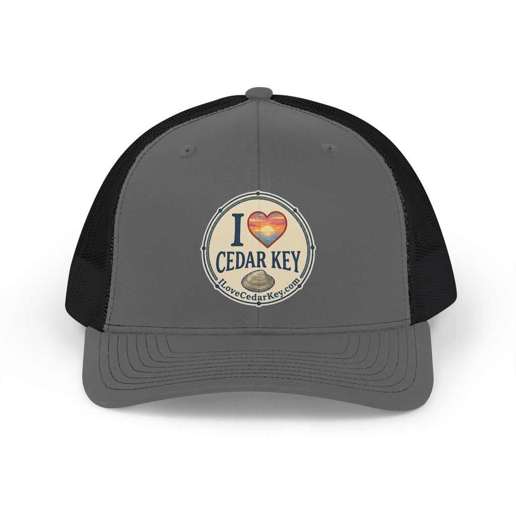 I  Love Cedar Key Snapback Trucker Hat — Retro Sunset Beach Cap
