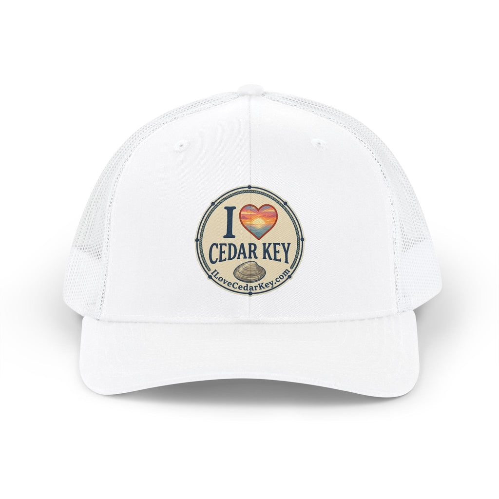 I  Love Cedar Key Snapback Trucker Hat — Retro Sunset Beach Cap