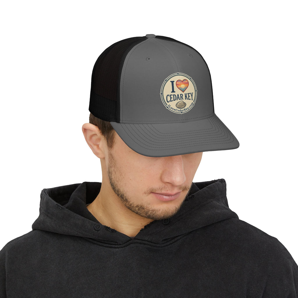 I  Love Cedar Key Snapback Trucker Hat — Retro Sunset Beach Cap