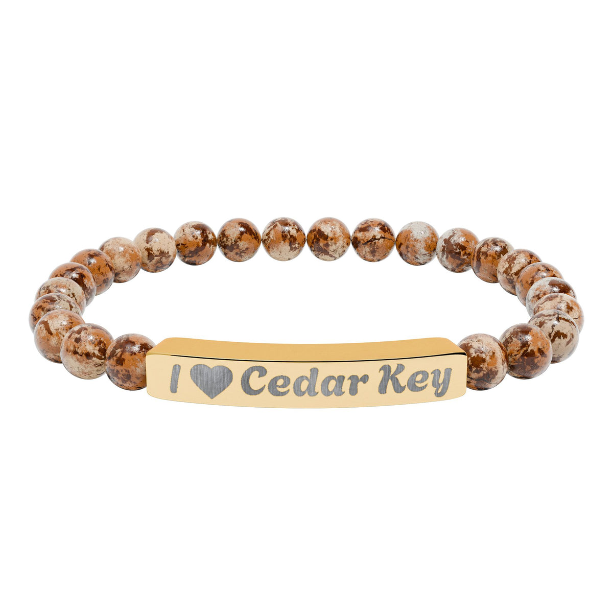 Engraved Natural Stone Stretch Bracelet — "I  Love Cedar Key" Bar