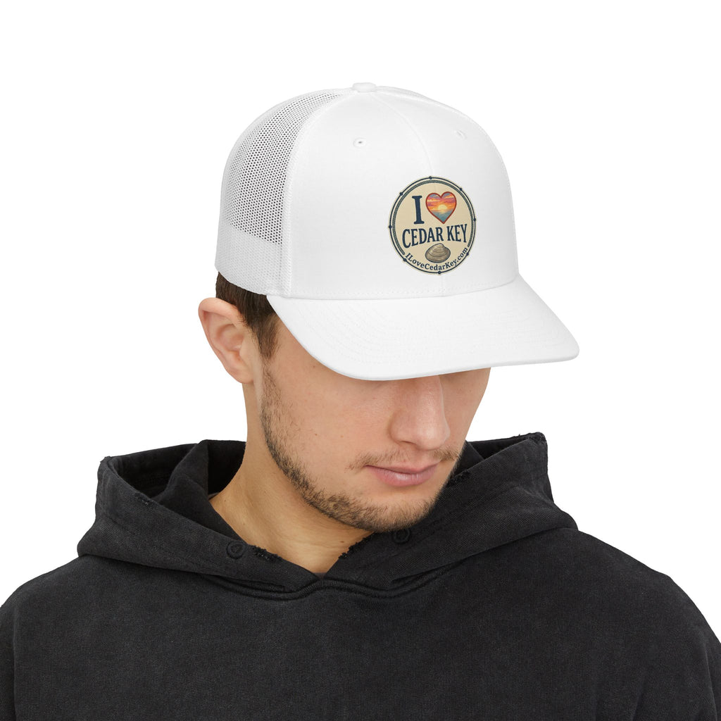 I  Love Cedar Key Snapback Trucker Hat — Retro Sunset Beach Cap