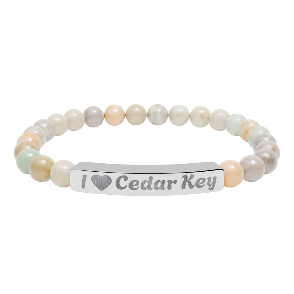 Engraved Natural Stone Stretch Bracelet — "I  Love Cedar Key" Bar