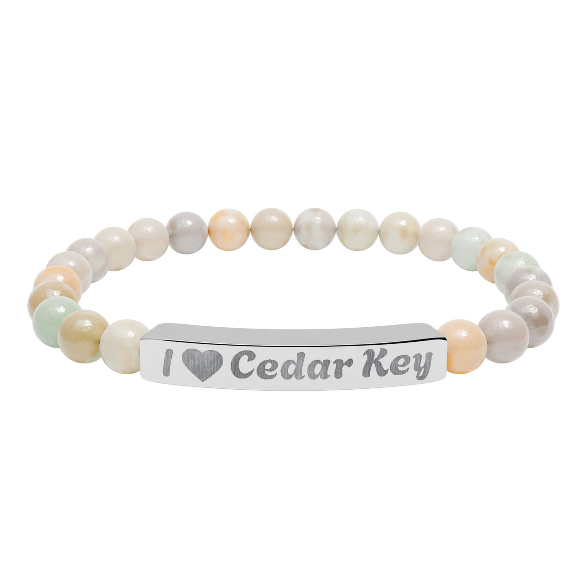 Engraved Natural Stone Stretch Bracelet — "I  Love Cedar Key" Bar