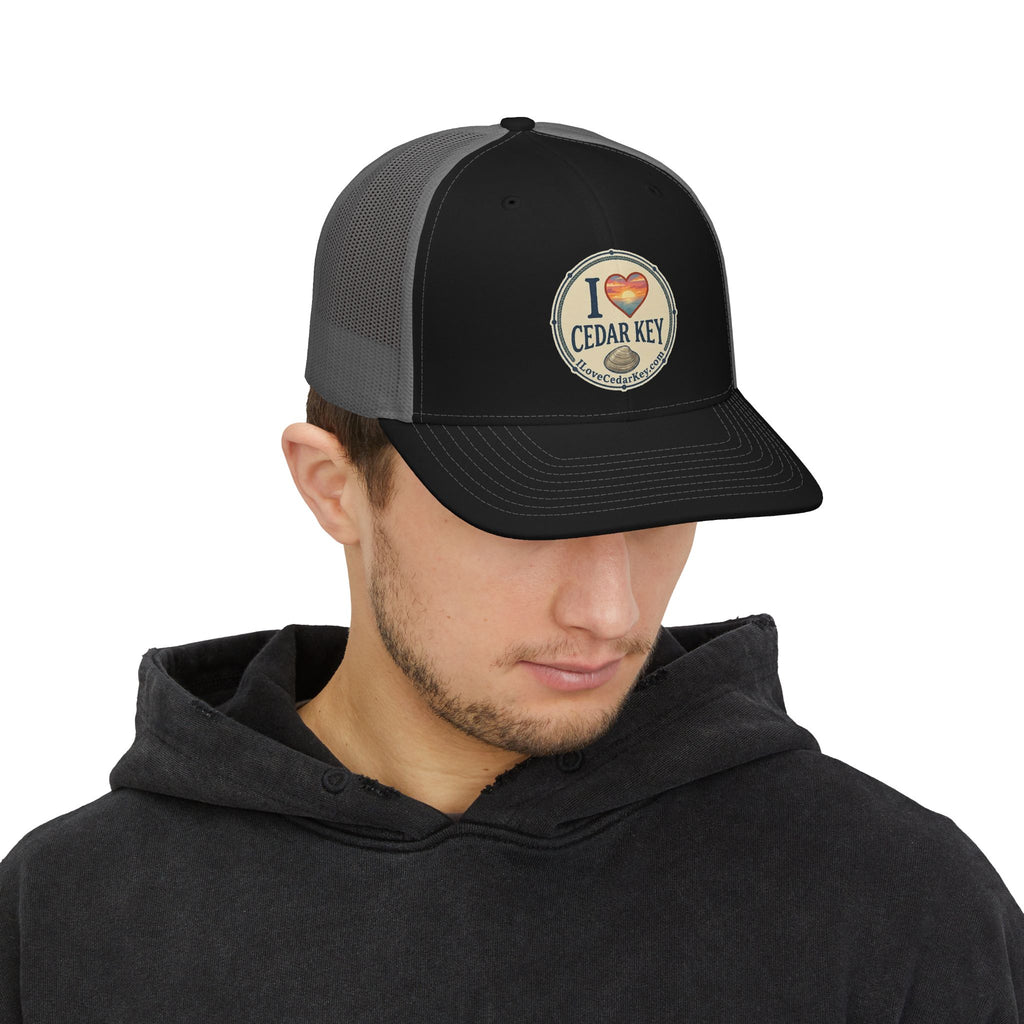 I  Love Cedar Key Snapback Trucker Hat — Retro Sunset Beach Cap